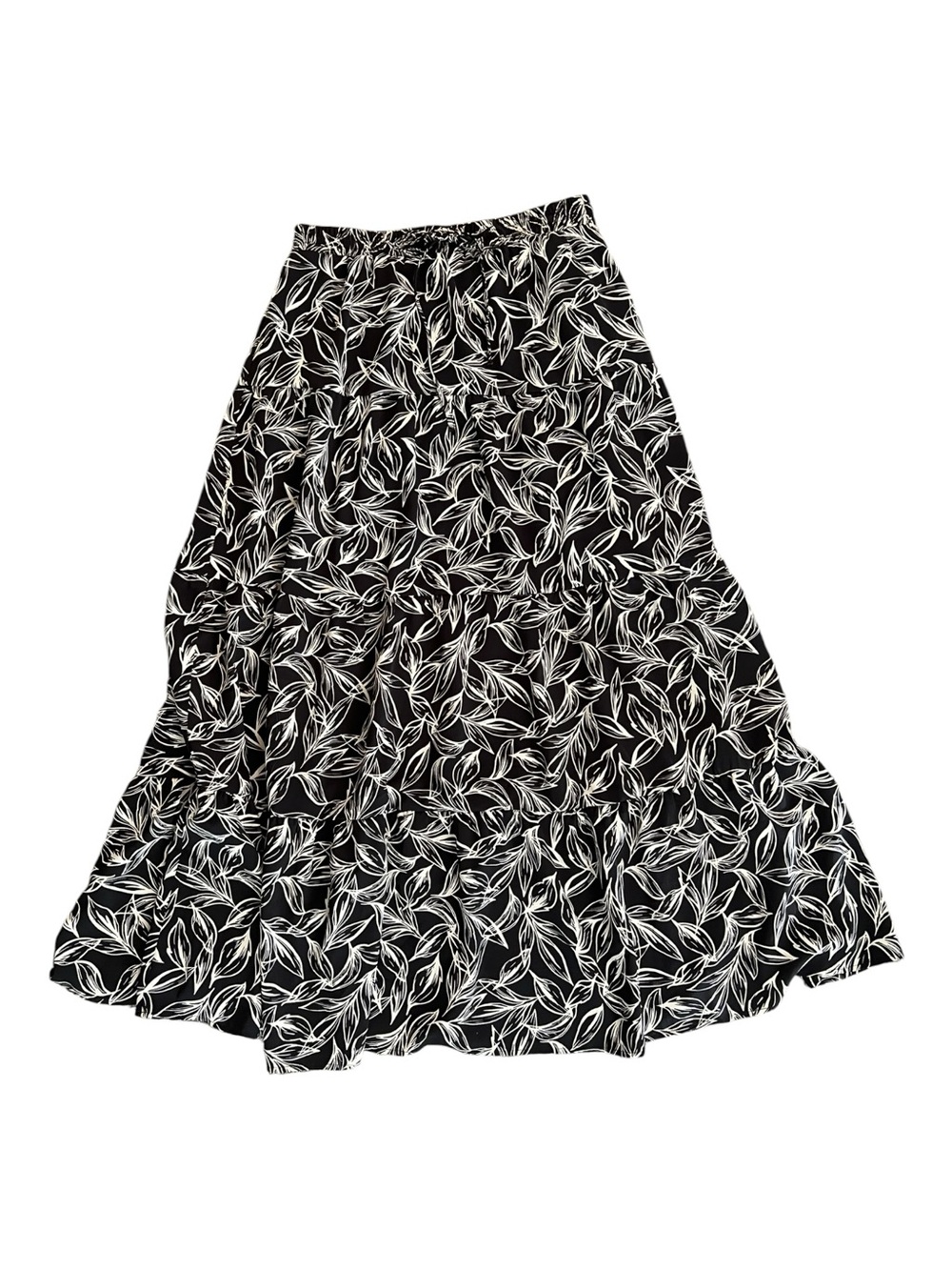 Black & White Botanical Print Tiered Maxi Skirt Size Large